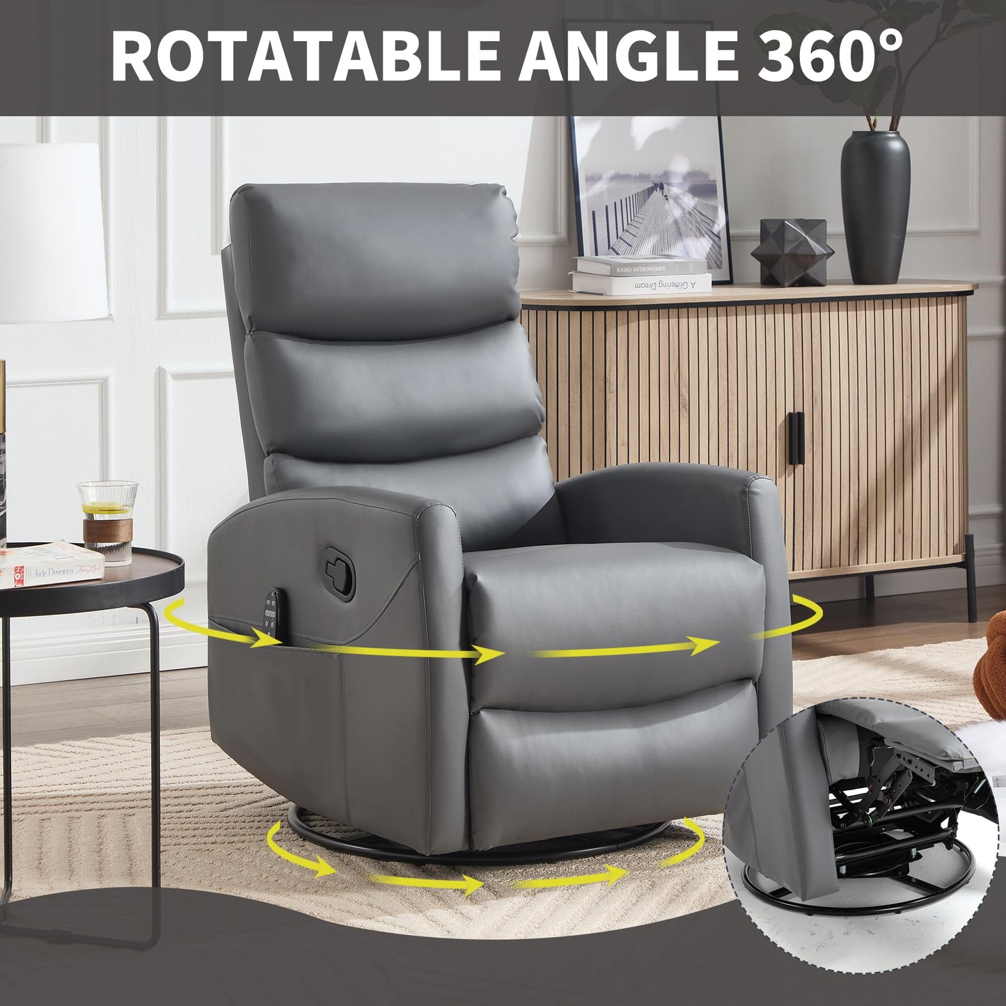 KEIKI 4-in-1 Manual Swivel Rocker Recliner Chair for Home Living Room, Faux Leather Chair with Back Massager & Heat, Home Theater Seating with Lumbar Support, Studio Apartment Essentials, Grey