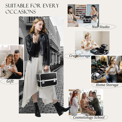 Frenessa 6 Trays Makeup Box Cosmetics Case Jewelry Organiser Vanity Make Up Storage Box Beauty Train Case Lockable with Keys, Black