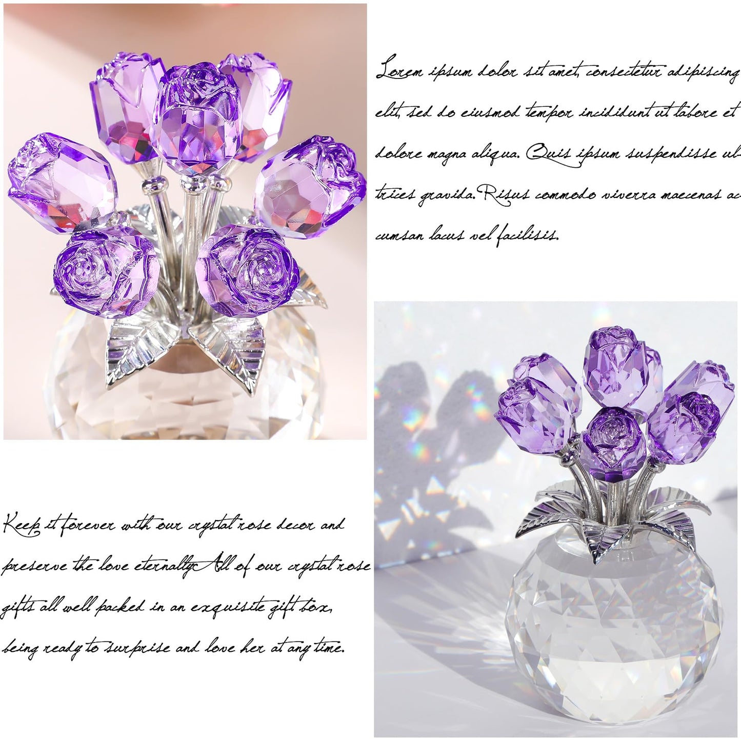 Crystal Rose Figurines Gifts for Women Valentine's Day, Glass Floral Ornament for Mother's Day Birthday Christmas Amethyst Collectible Rose Flowers Anniversary Floral Presents for Her (Purple)