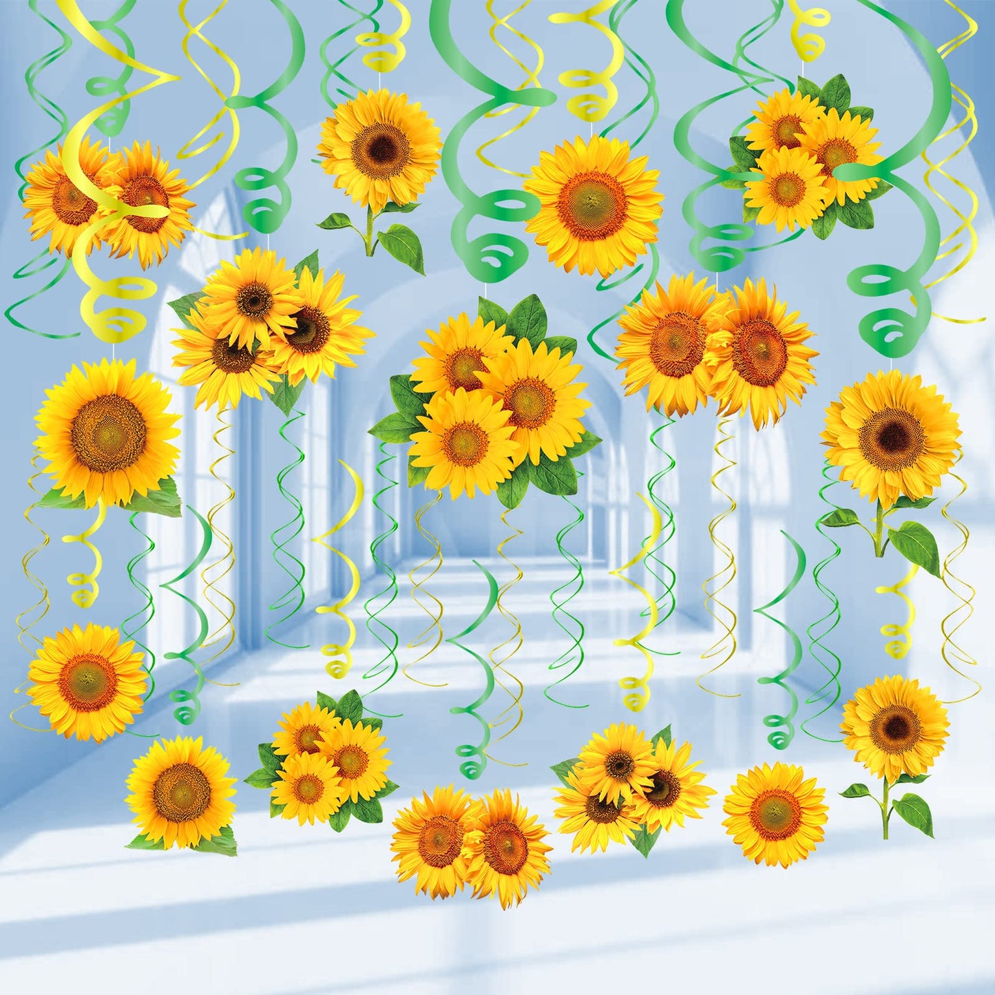 KALEFO 30PCS Sunflower Decorations Hanging Swirls Spring Summer Party Supplies Sun Flowers Foil Ceiling Wall Decor for Baby Shower Birthday Wedding Family Holiday Favors