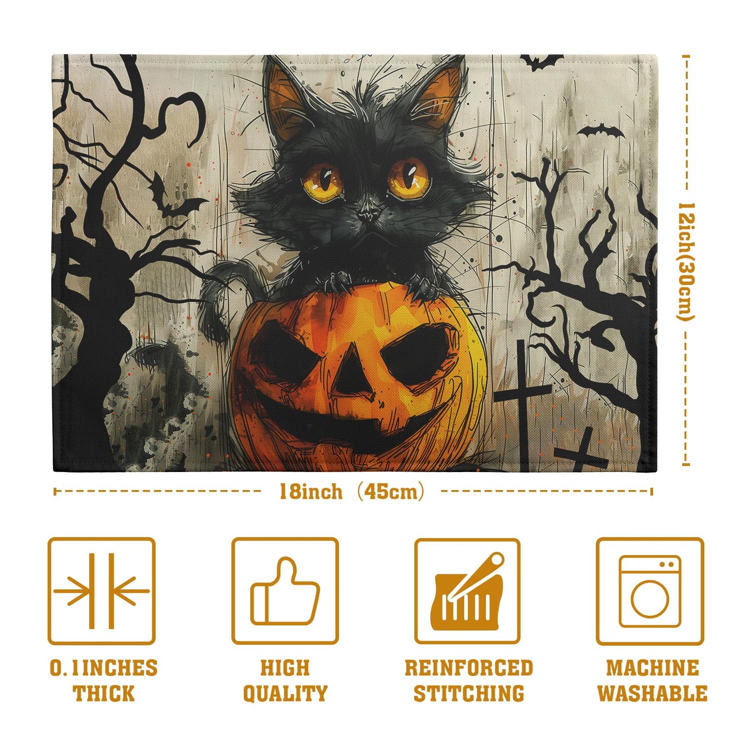 Halloween Black Cat Pumpkin 12x18 Placemats Set of 4 Happy Halloween Bat Branch Linen Table Place Mat Seasonal Fall Washable Heat Resistant Non Slip Table Placemats for Party Kitchen Dining Decor