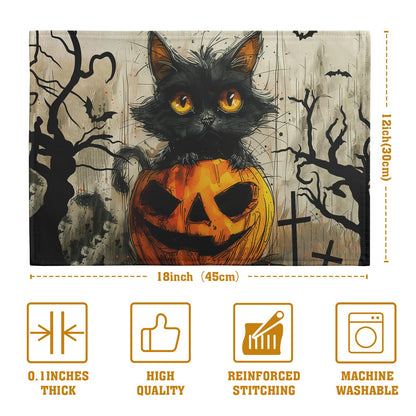 Halloween Black Cat Pumpkin 12x18 Placemats Set of 4 Happy Halloween Bat Branch Linen Table Place Mat Seasonal Fall Washable Heat Resistant Non Slip Table Placemats for Party Kitchen Dining Decor
