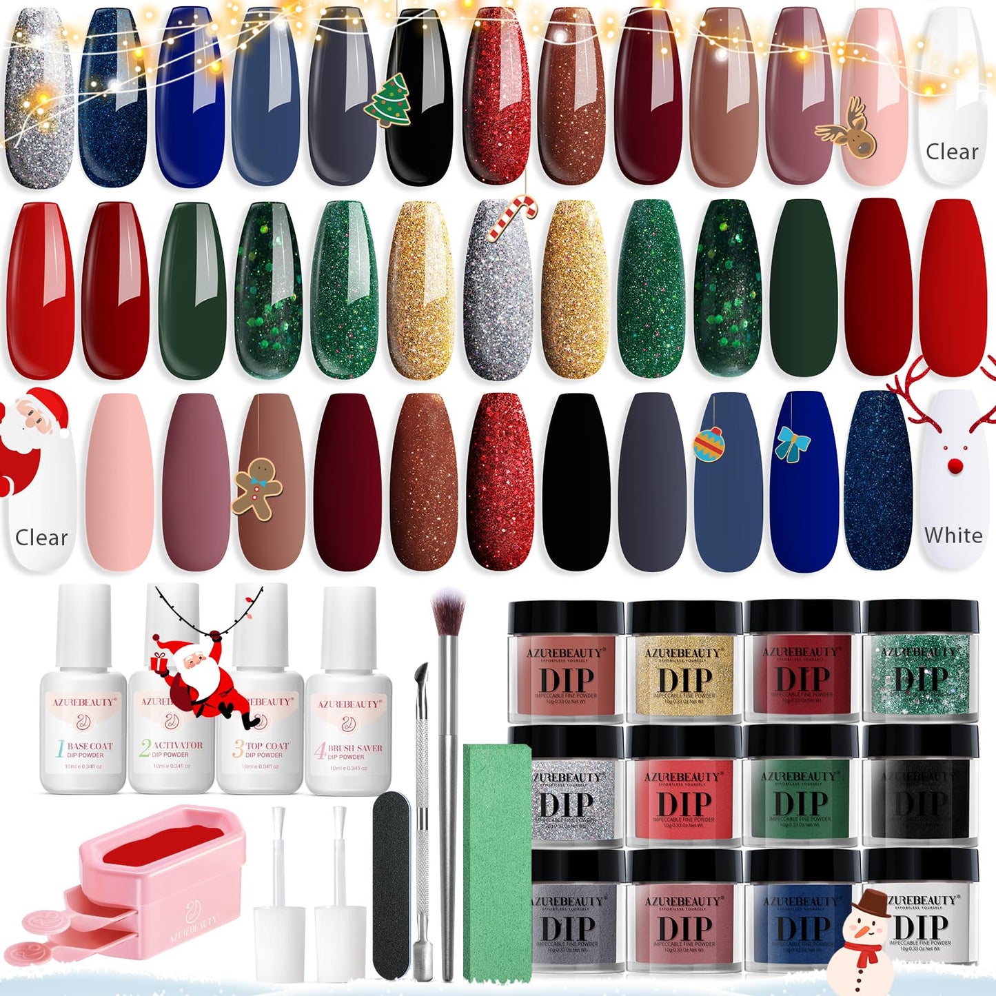 AZUREBEAUTY 31 Pcs Dip Powder Nail Kit 20 Colors Glitter Nude Brown Pink White Gray Dip Powder Liquid Set with Top/Base Coat Activator for French Nails Art Manicure DIY Salon Women Valentine's Gift