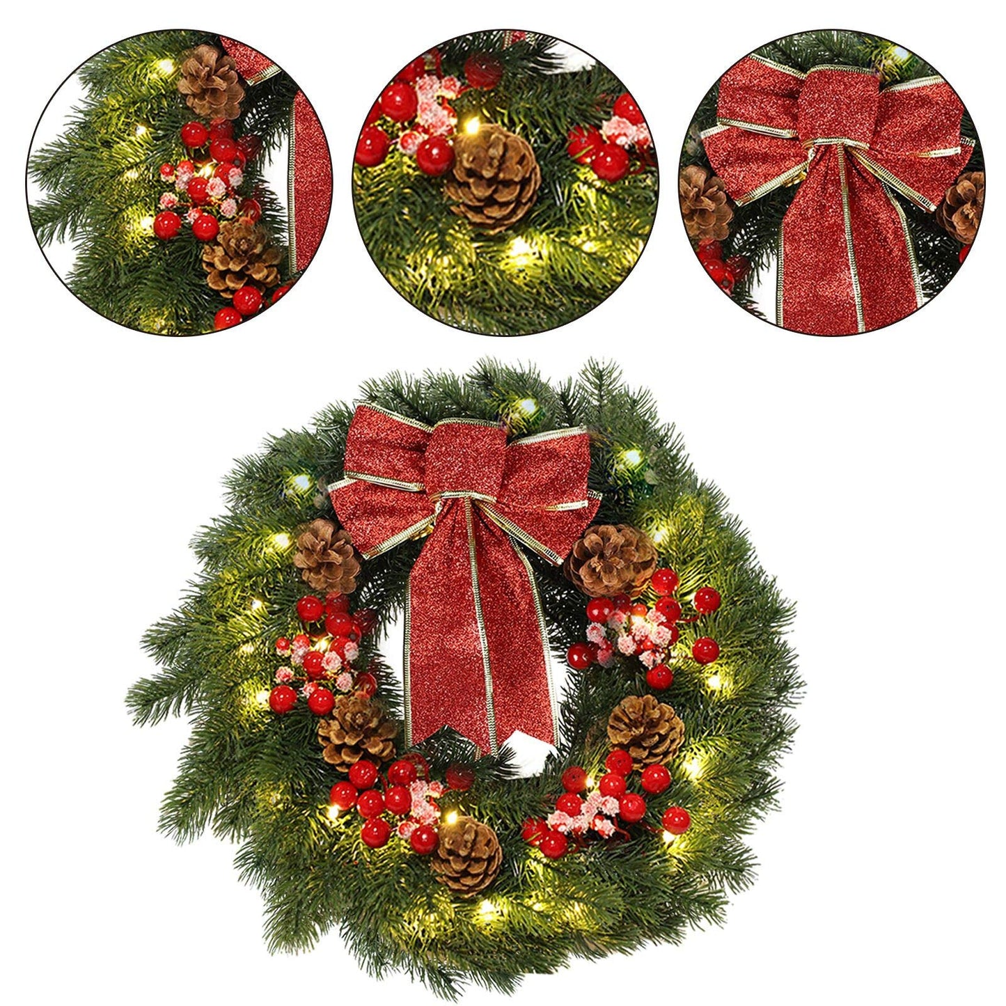 MorTime 16 Inches LED Christmas Wreath with Pinecones Red Berries, Red Bowknot Lighted Christmas Wreath with 40 LED Warm White Lights for Winter Holidays Home Decoration