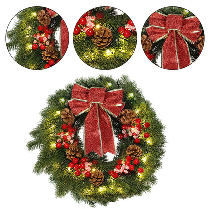 MorTime 16 Inches LED Christmas Wreath with Pinecones Red Berries, Red Bowknot Lighted Christmas Wreath with 40 LED Warm White Lights for Winter Holidays Home Decoration