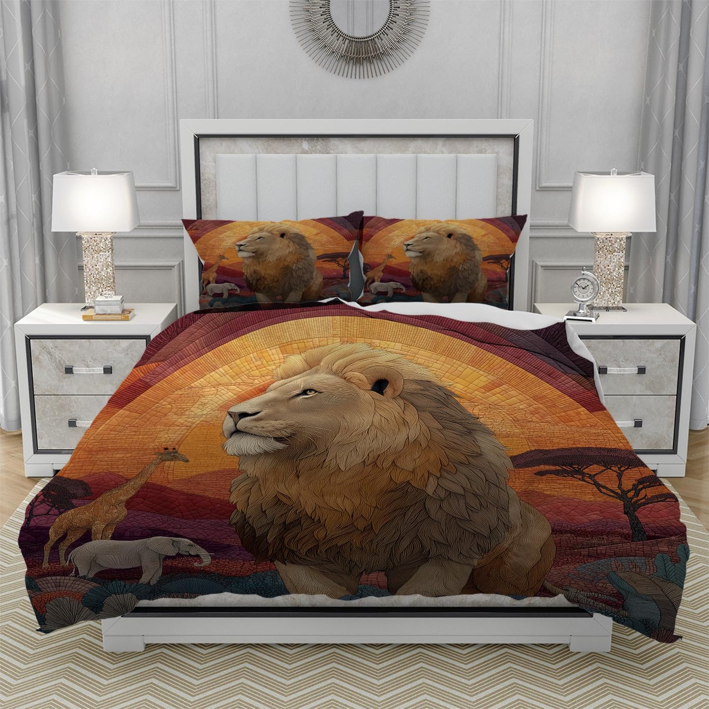 RICQLESC Lion Duvet Cover and 2 Pillow, Tropical Africa Wildlife Animal Giraffe Elephant Comforter Set, Kids Boys Girls Bedding 3 Pieces, King Size 104x90 inch