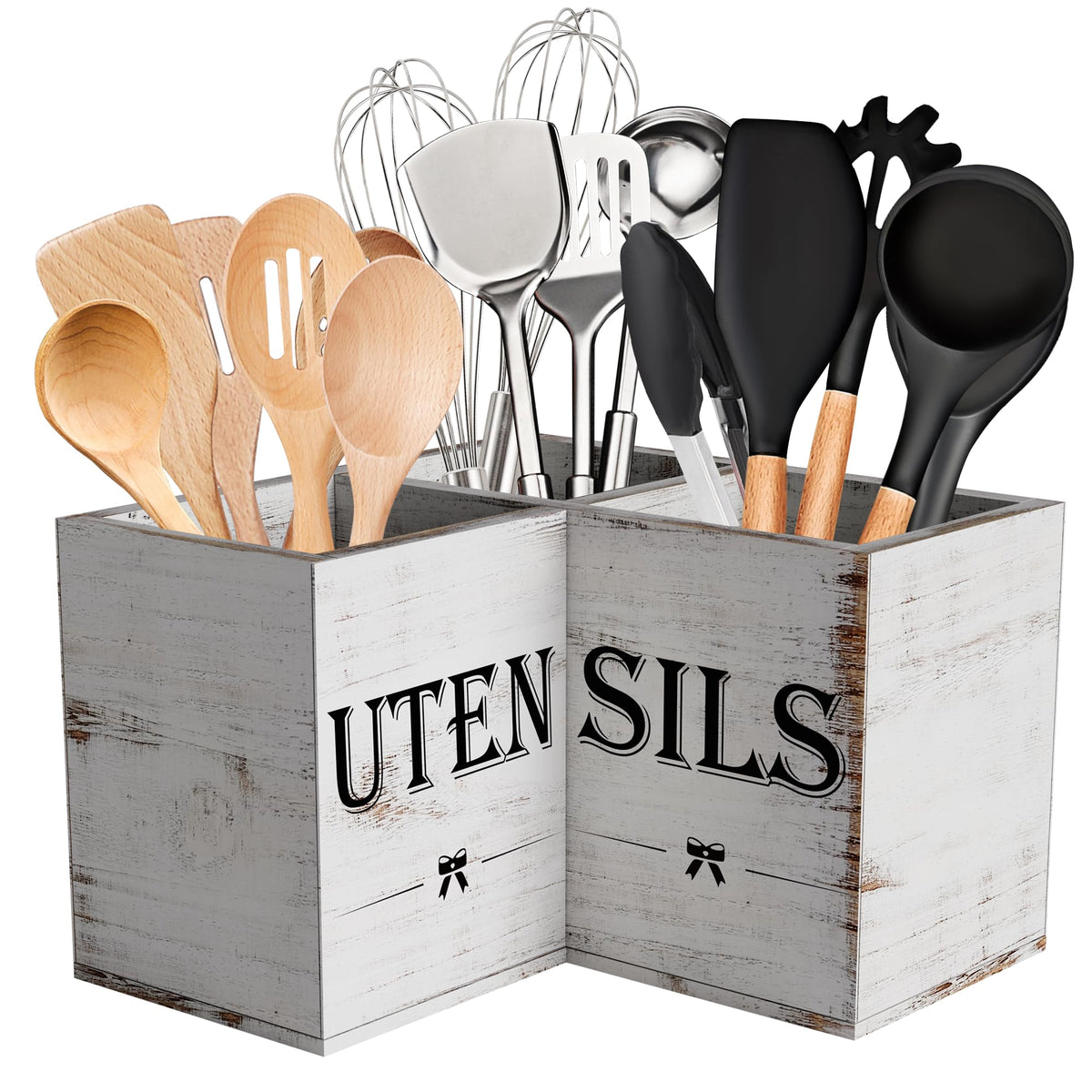 Suli Extra Large Utensil Holder with 3 Compartments,Corner Kitchen Shelf,Wooden Utensil Organizer for Kitchen Countertop, Farmhouse Decor, Rustic Cooking Utensil Storage- White grain