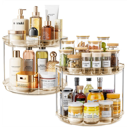 LAMU 2 Tier Lazy Susan Turntable Organizer 9.25'' Rotating Spice Rack Organization for Cabinet, Kitchen, Pantry, Countertop, Bathroom, Vanity, Medicine Cabinet Organizer, Clear