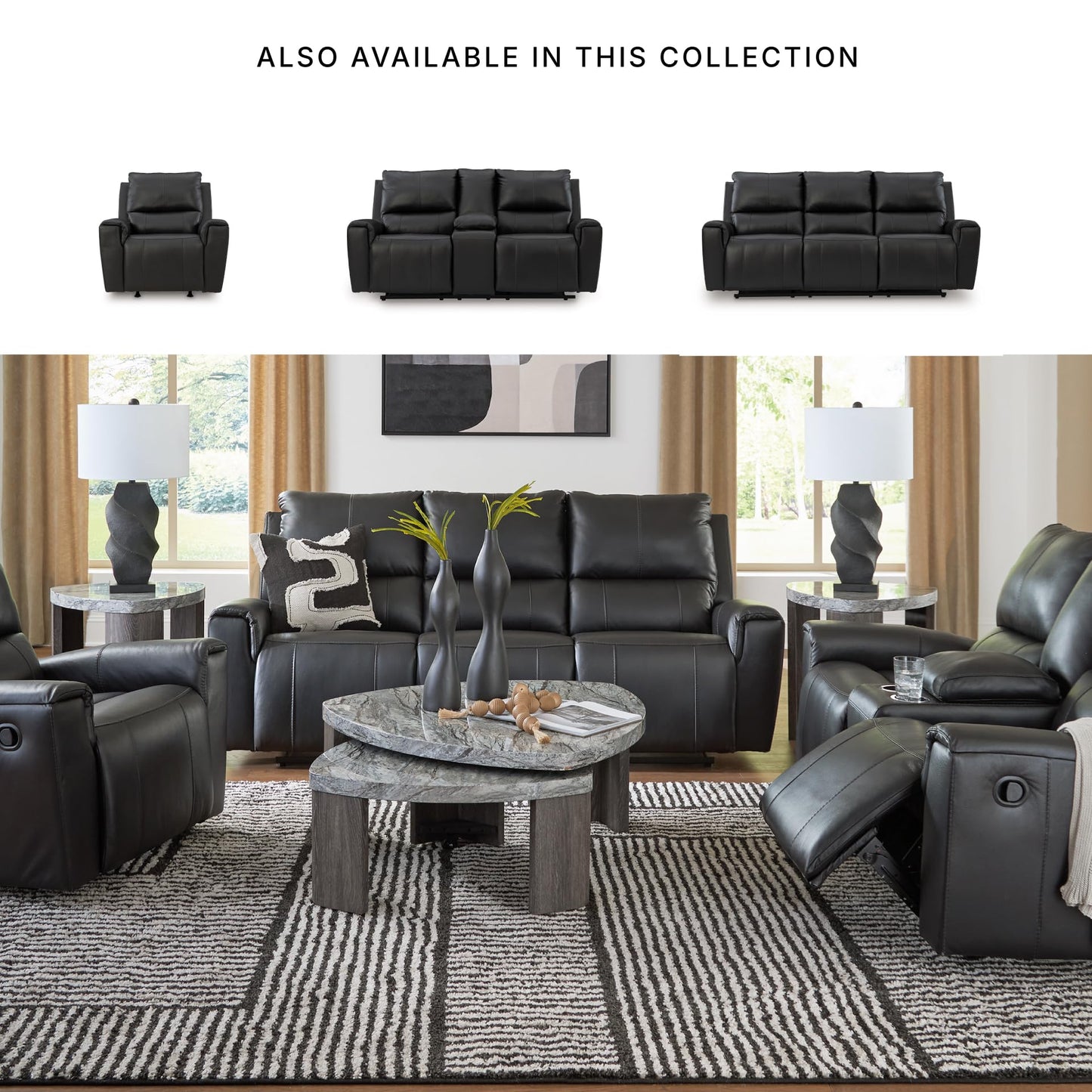 Signature Design by Ashley Glassmere Contemporary Dual-Sided Leather Match Reclining Sofa with Position Lock, Black