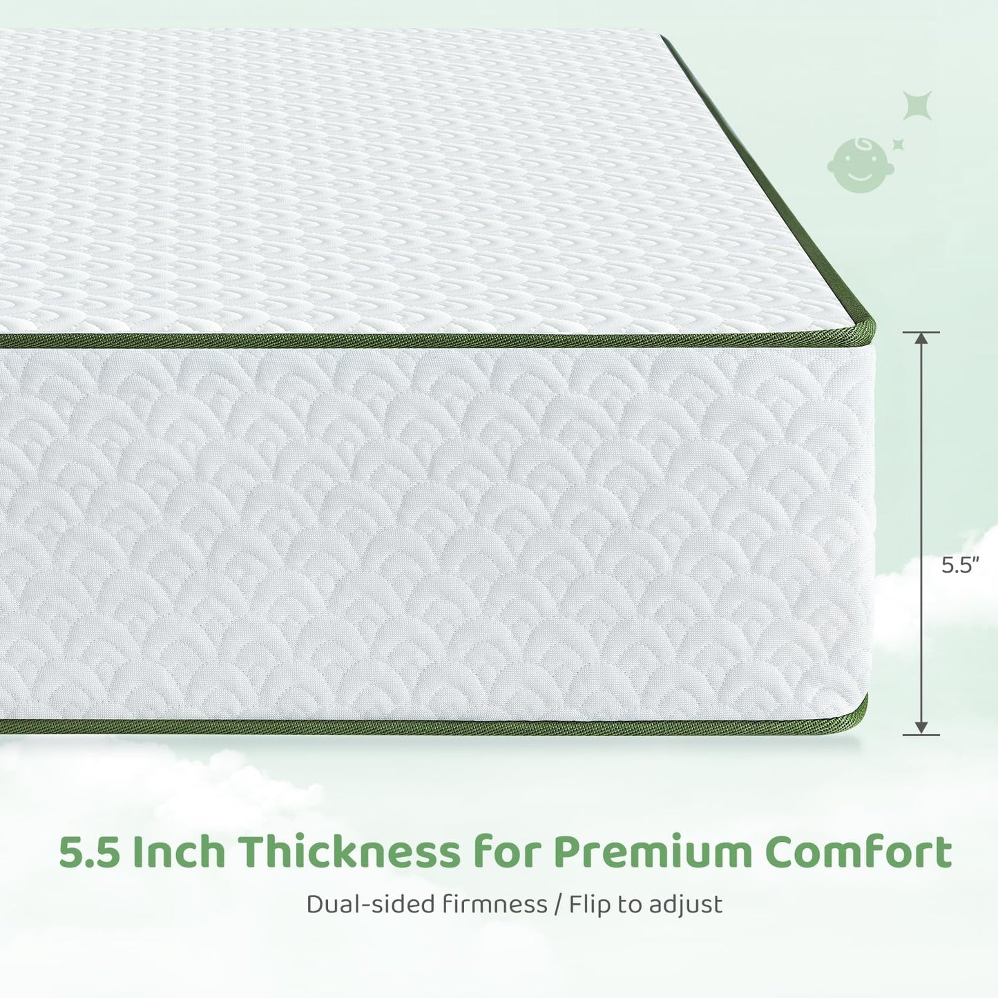 Dourxi Crib Mattress, 2-in-1 Dual Firmness Mattress for Infant & Toddler, Cooling Breathable Cover, Gel-Infused Memory Foam, CertiPUR-US Certified, Fits Standard Crib & Toddler Bed, 5.5 Inch