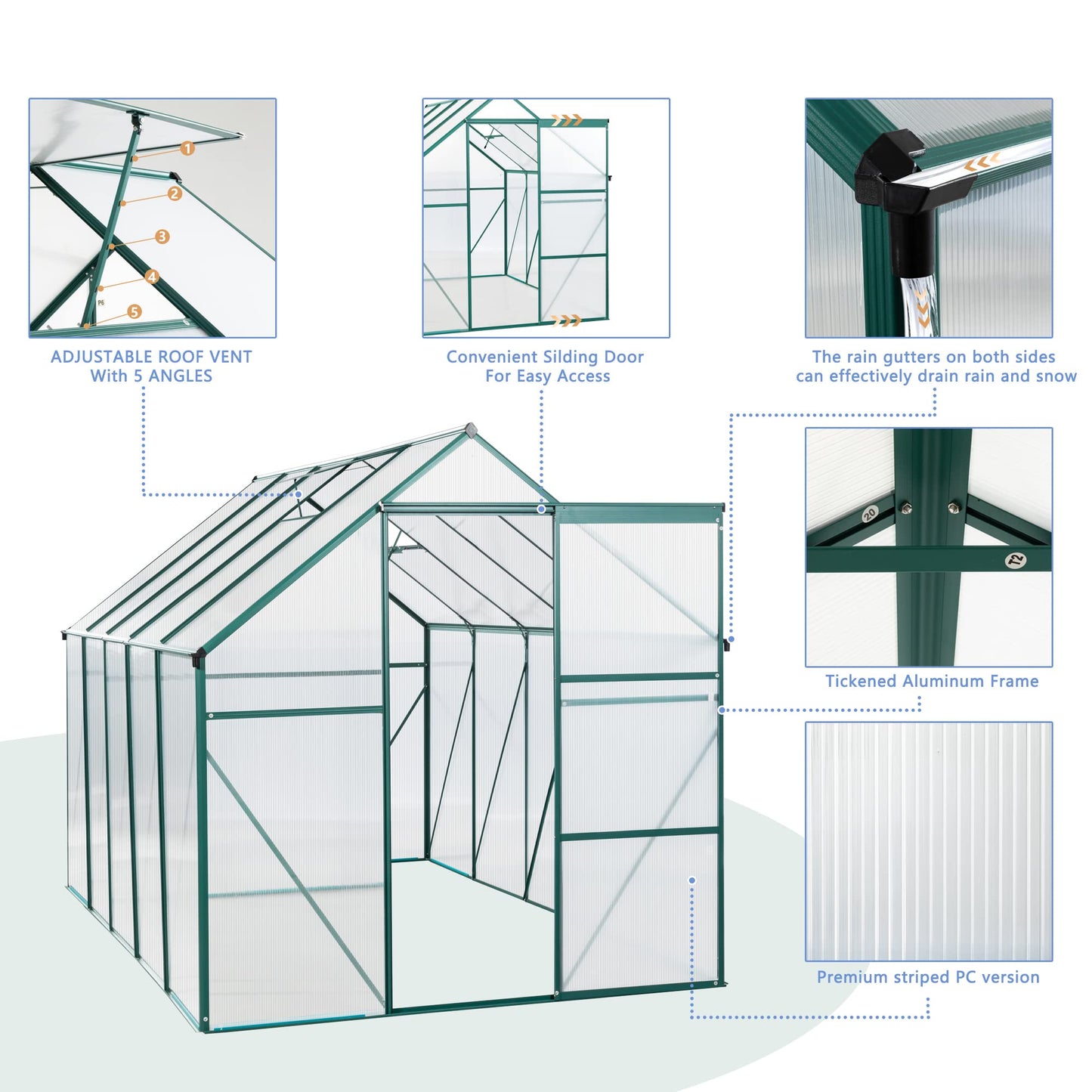 KEIKI 6x10 FT Polycarbonate Greenhouse with Aluminum Frame,Raised Base and Roof Vent,Walk-in Greenhouses for Patio Garden Backyard