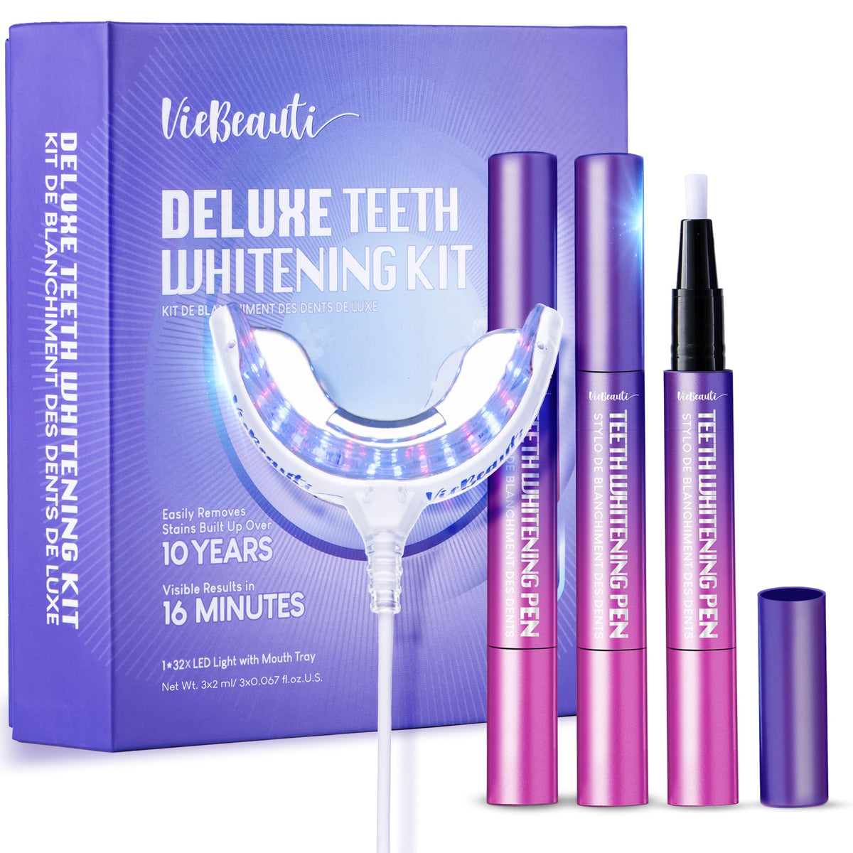 VieBeaut Teeth Whitening Kit – 32X LED Light + Gel Pen for Sensitive Teeth, Removes Stains from Food, Coffee, Wine & Smoking