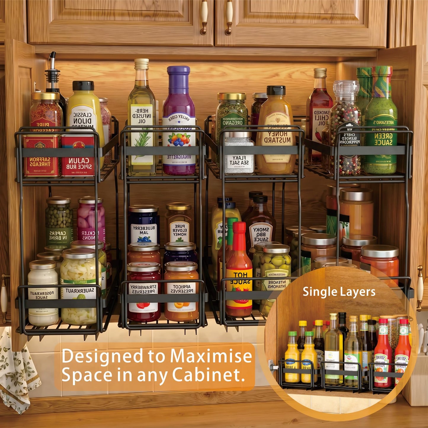 WOAHKIT 2 Pack Pull Out Spice Rack Organizer for Inside Kitchen Cabinets, Heavy Duty Slide Out Seasoning Kitchen Organizer, 2 Tier Vertical Sliding Seasoning Organizer, 10.5" D x 5.1" W x 9.6" H