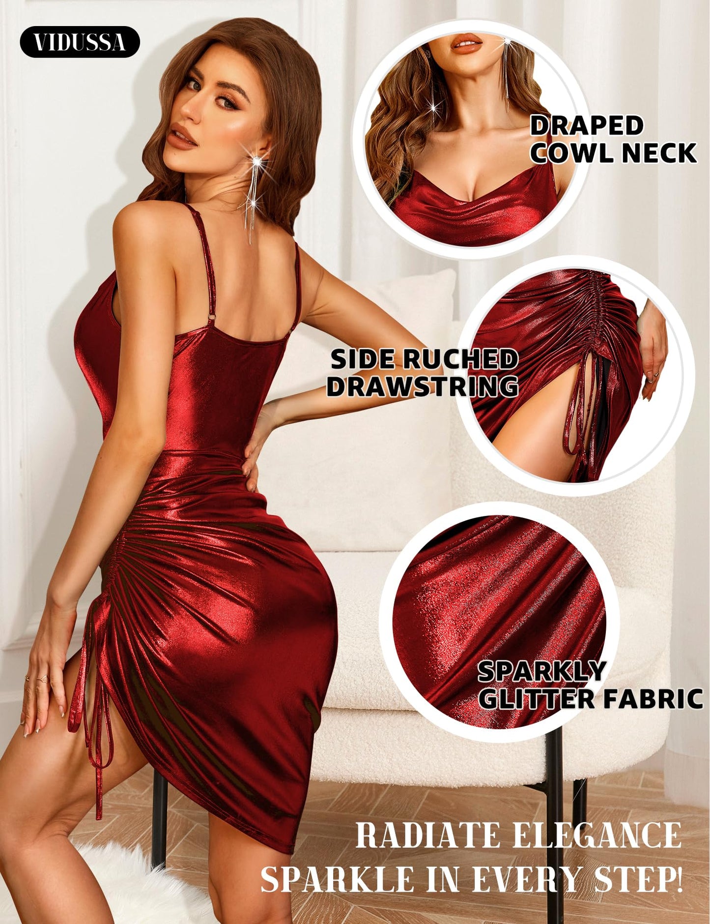 VIDUSSA Women's Sparkly Glitter Dress Cowl Neck Spaghetti Strap Ruched Bodycon Cocktail Party Night Club Midi Dresses Wine Red Small