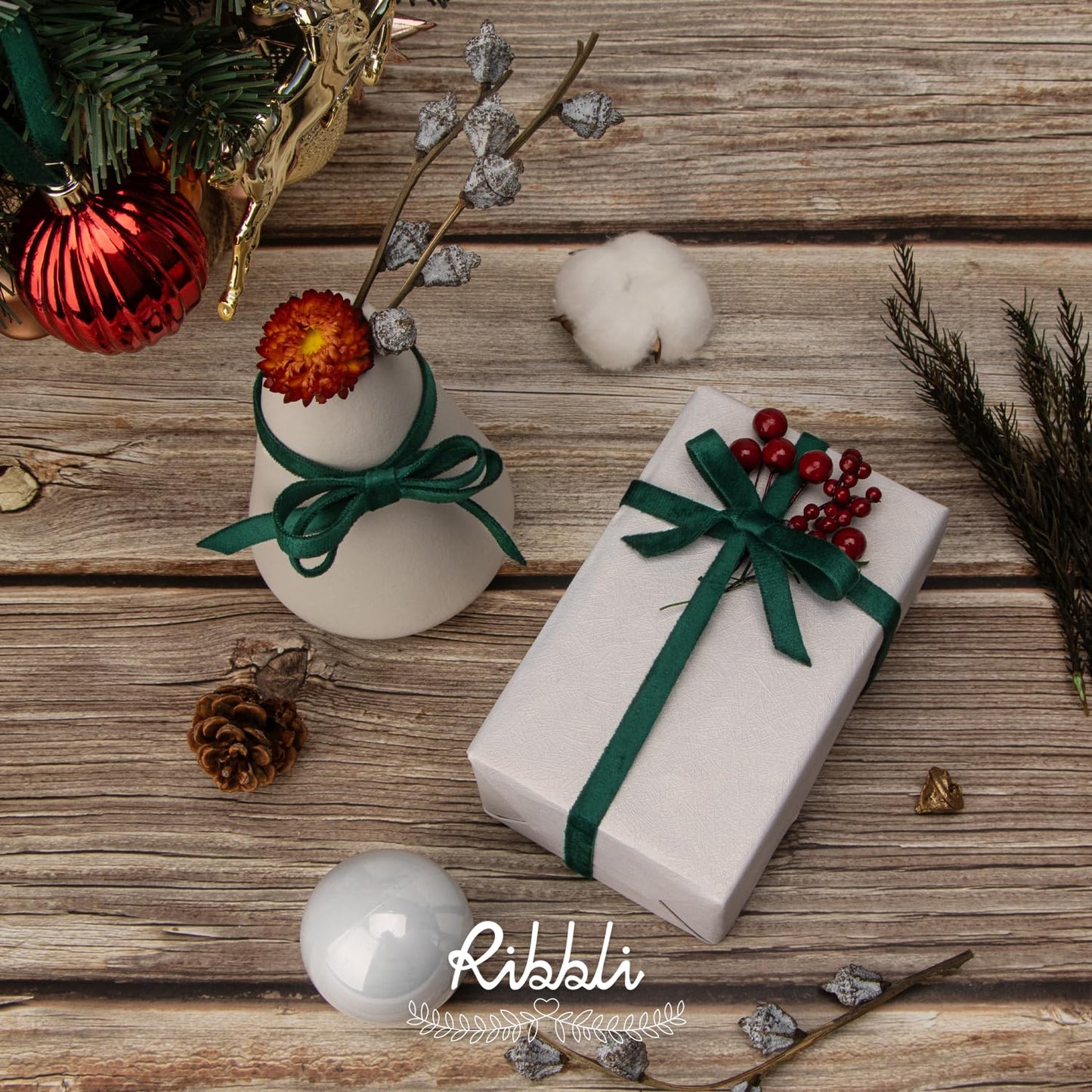 Ribbli Red White Green Velvet Ribbon 3 Rolls Double Faced 3/8 Inch 18-Yard with Wooden Spool Use for Christmas Tree Ornaments Gift Wrapping Wreath Decoration Wedding Boutonnieres