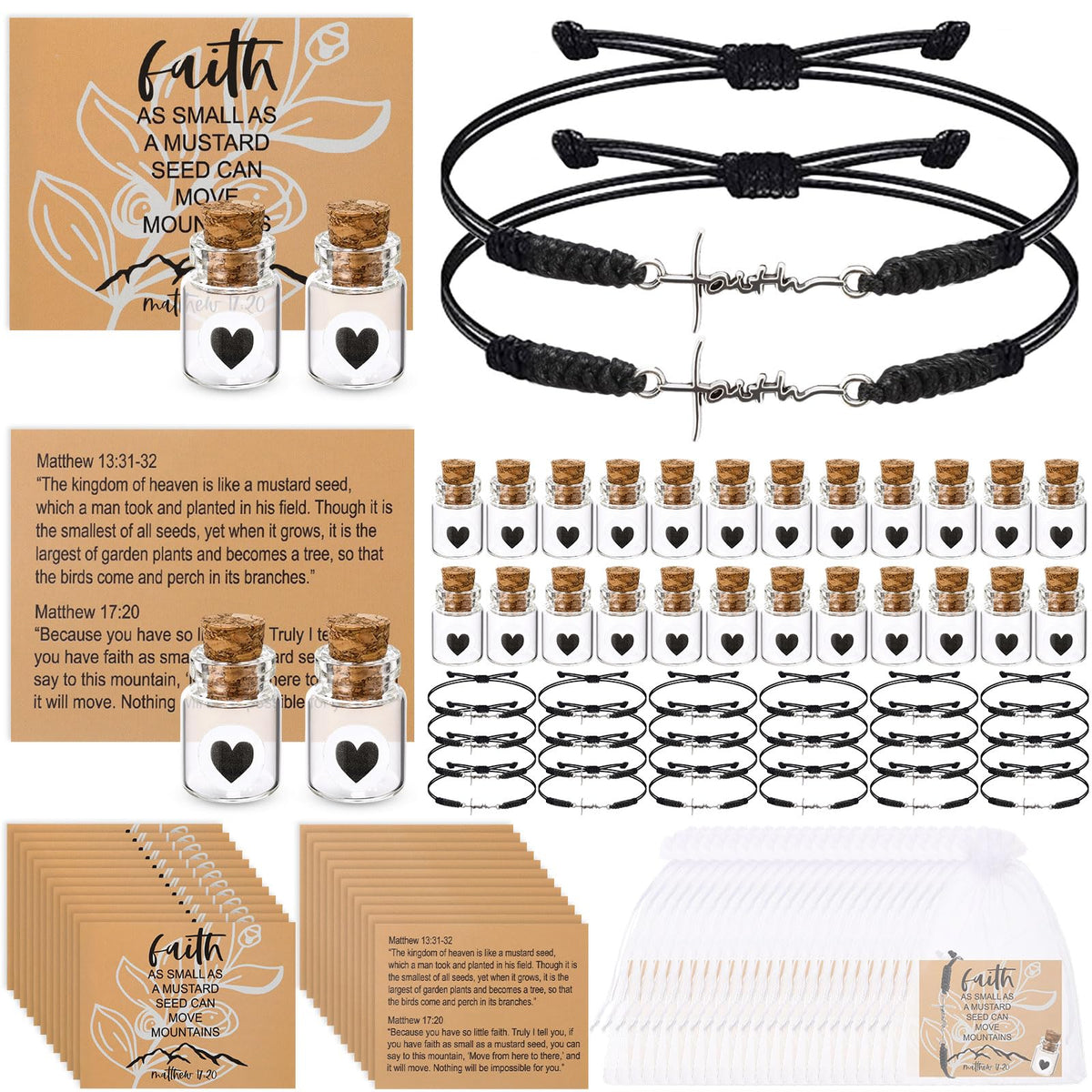 Aurelema 24 Sets Mustard Seed Gift Bulk Christian Faith Bracelet for Women Glass Bottle Prayer Cards Inspirational Religious Gift for Easter Mothers Fathers Day Church Baptism Party, Seed Not Include