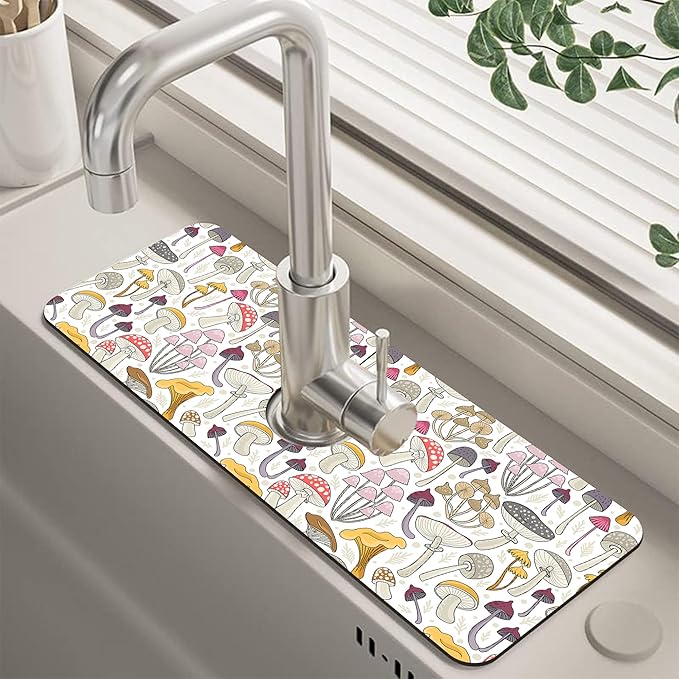 Kitchen Sink Splash Colorful Mushrooms Guard Faucet Mat Super Absorbent Fast