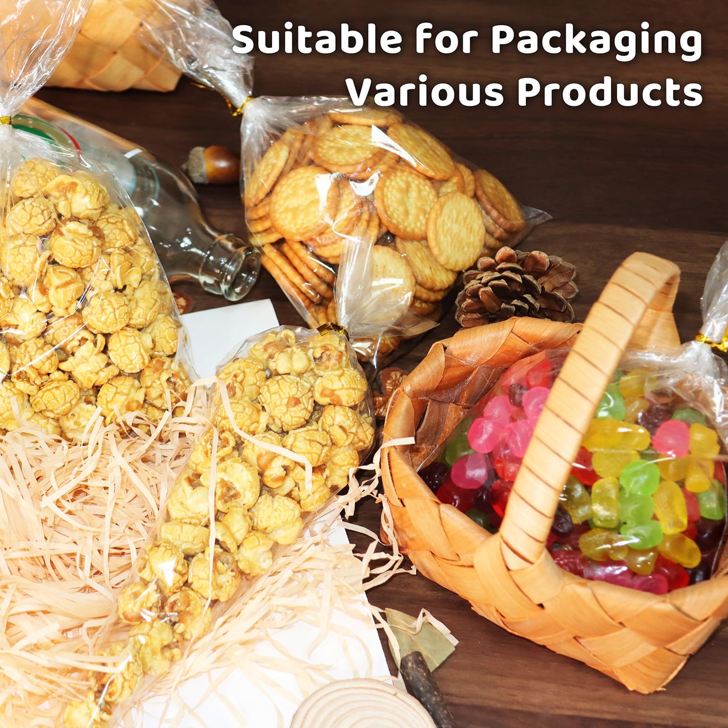 WIKDAY Cellophane Bags 50 PCS 10x14 Inches Clear Gift Gags with Ties Plastic Treat Party Favor Candy Bags for Gift Giving, Packaging Snack, Products