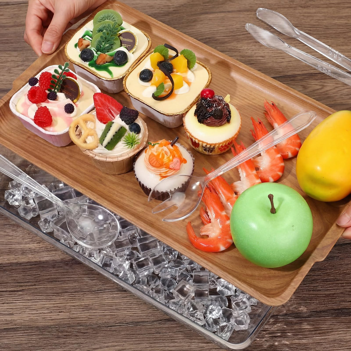 Baderke 1 Set 16" x 9" Chilled Serving Tray for Parties with Compartments Ice Chilled Party Crudite Platter Charcuterie Serving Board Cold Dish Dip Tableware for Seafood Vegetable (Light Wood)