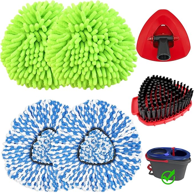 2 Microfiber Mop Head Refills and 2 Chenille Mop Pads, 1 Upgrade Scrub Brush 1