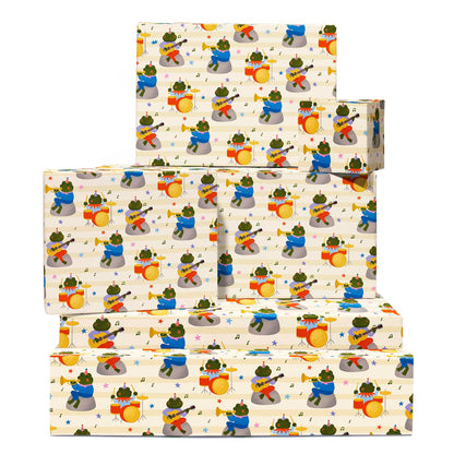 CENTRAL 23 Beige Halloween Wrapping Paper - 6 Sheets with Frogs Playing Musical Instruments - Birthday Wrap for Boys, Girls & Music Fans - Christmas Festivities, School Events