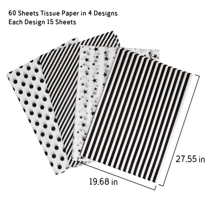 MR FIVE 60 Sheets 20" X 28" White and Black Tissue Paper Bulk,4 Styles Black Tissues Paper for Gift Wrapping,Gift Bags,Birthday,Star Stripes Polka Dots Pattern