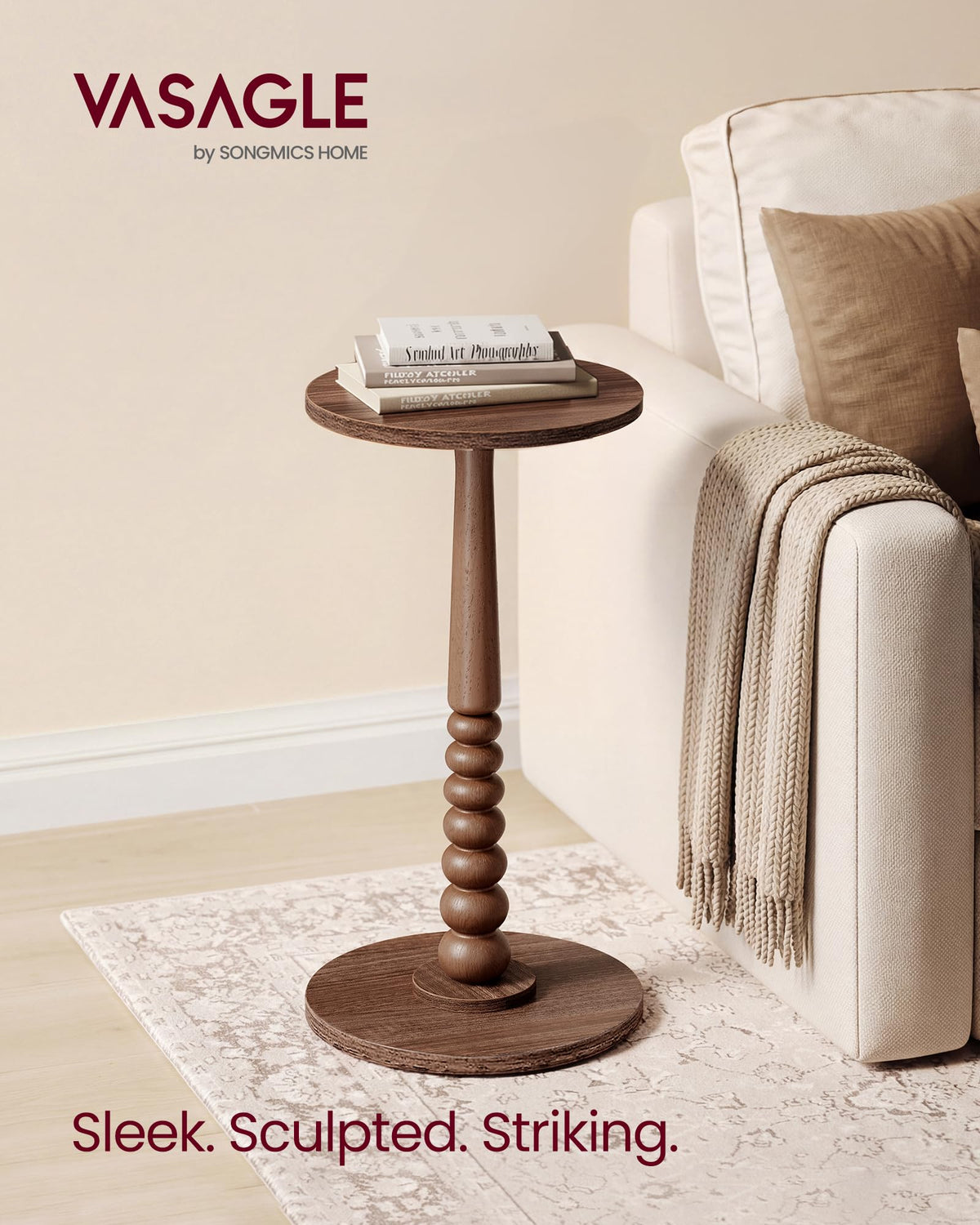 VASAGLE MARIEL Collection - Round Side Table, Small Drink End Table for Small Spaces, Accent Nightstand, Solid Wood Leg, Mid-Century Modern, for Living Room Bedroom, Chestnut Walnut ULET293KX01S