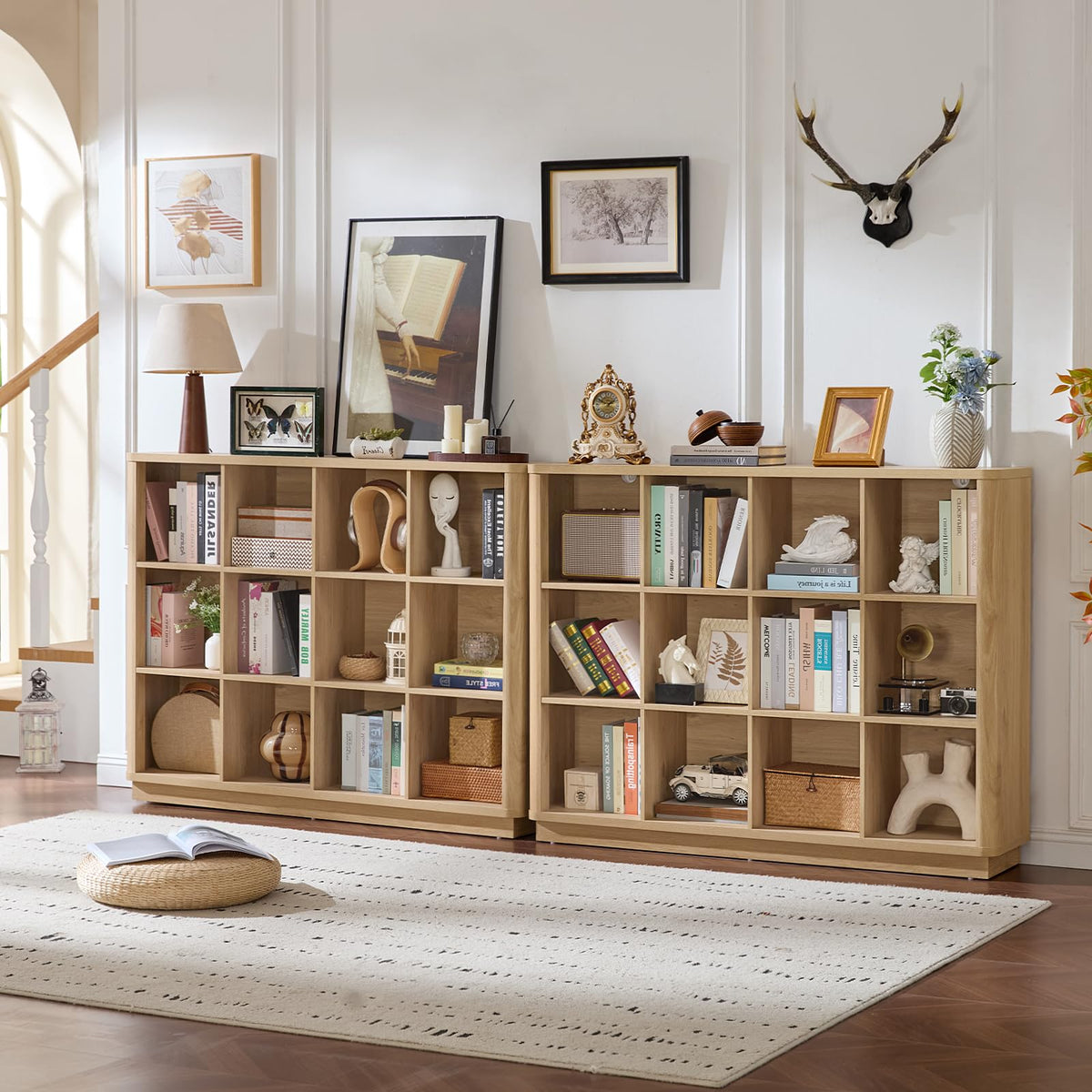 Joaxswe 12 Cube Storage Organizer, 41" Large Bookshelf with Curved Edge, Wood Floor Standing 3-Tier Cubby Bookcase with Base, Rustic Display Storage Cabinet for Living Room, Home Office, Natural Oak