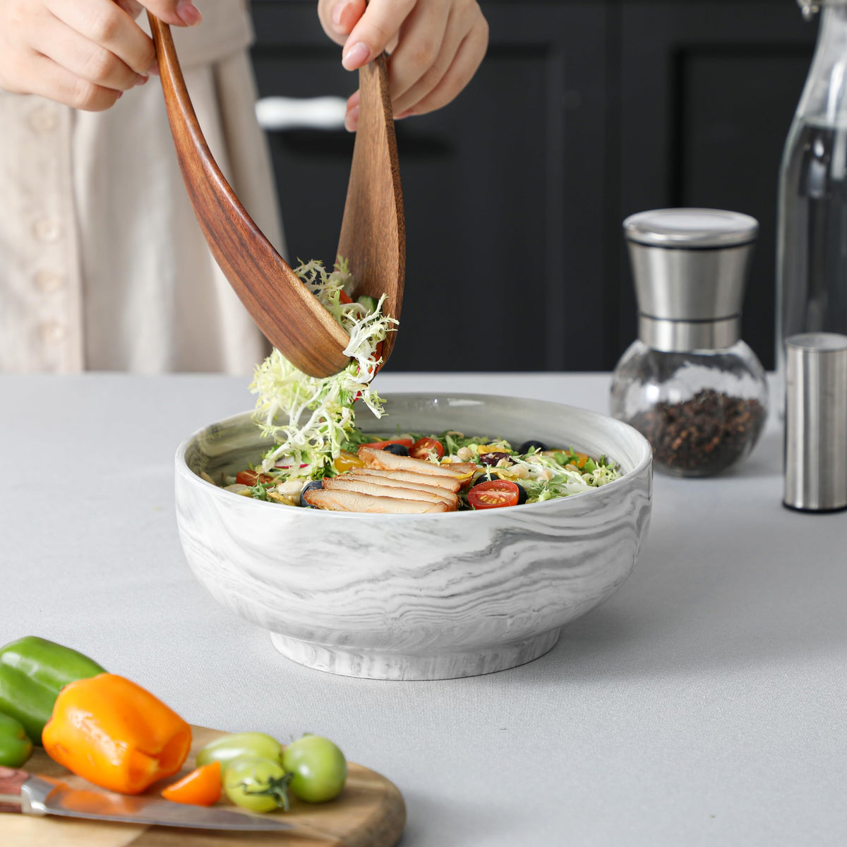 MALACASA Large Serving Bowls, 60 OZ (8'') Salad Bowls Set of 2, Ceramic Mixing Bowls for Kitchen, Serving Bowl for Soup, Pasta, Side Dishes and Entertaining, Marble Grey, Series REGULAR