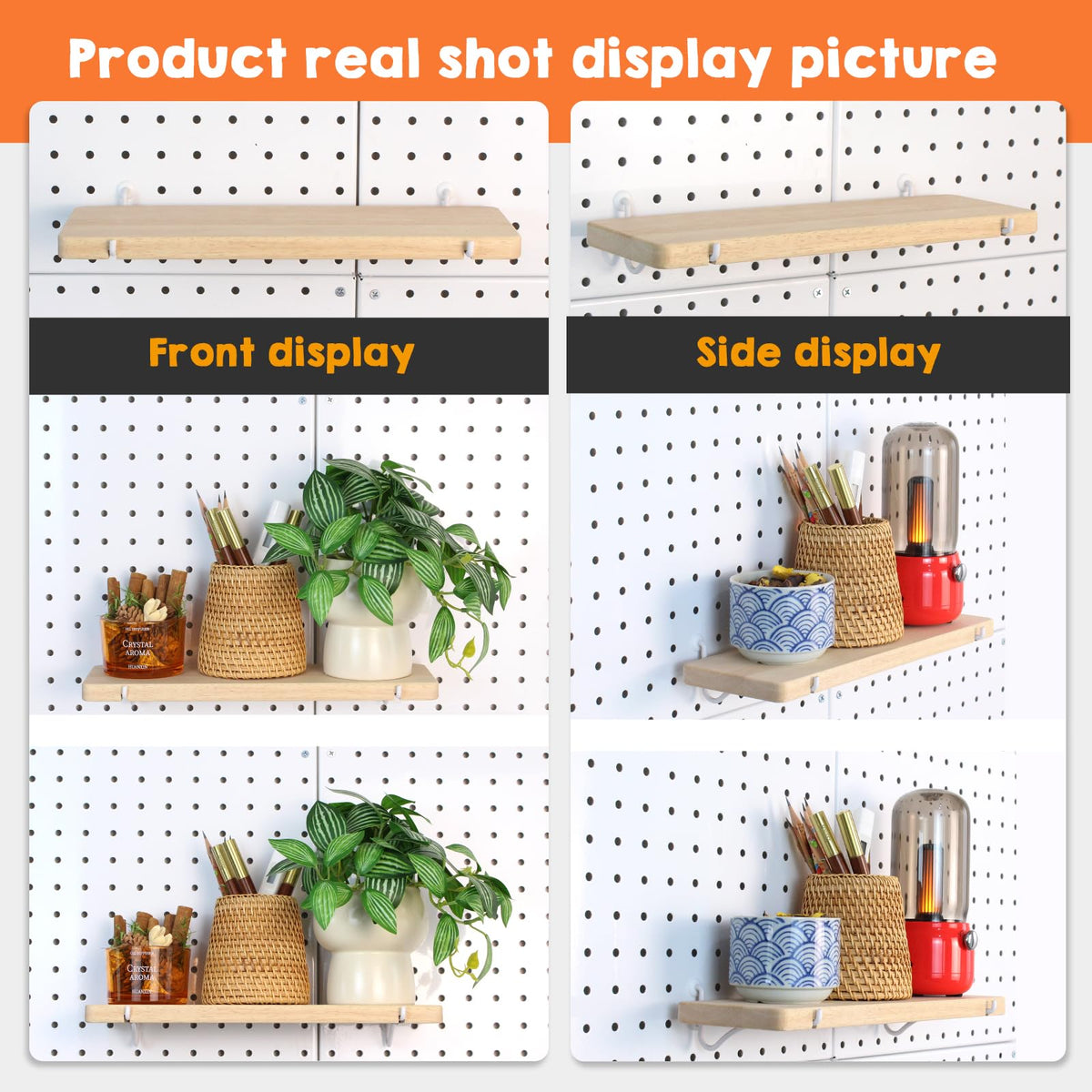 SEMPOMA 2 Pack Solid Wood Pegboard Shelf, High Balance and No tilt, 12" x 4" Pegboard Shelves Fit 1/4" Pegboard for Display Craft Garage Workbench Office