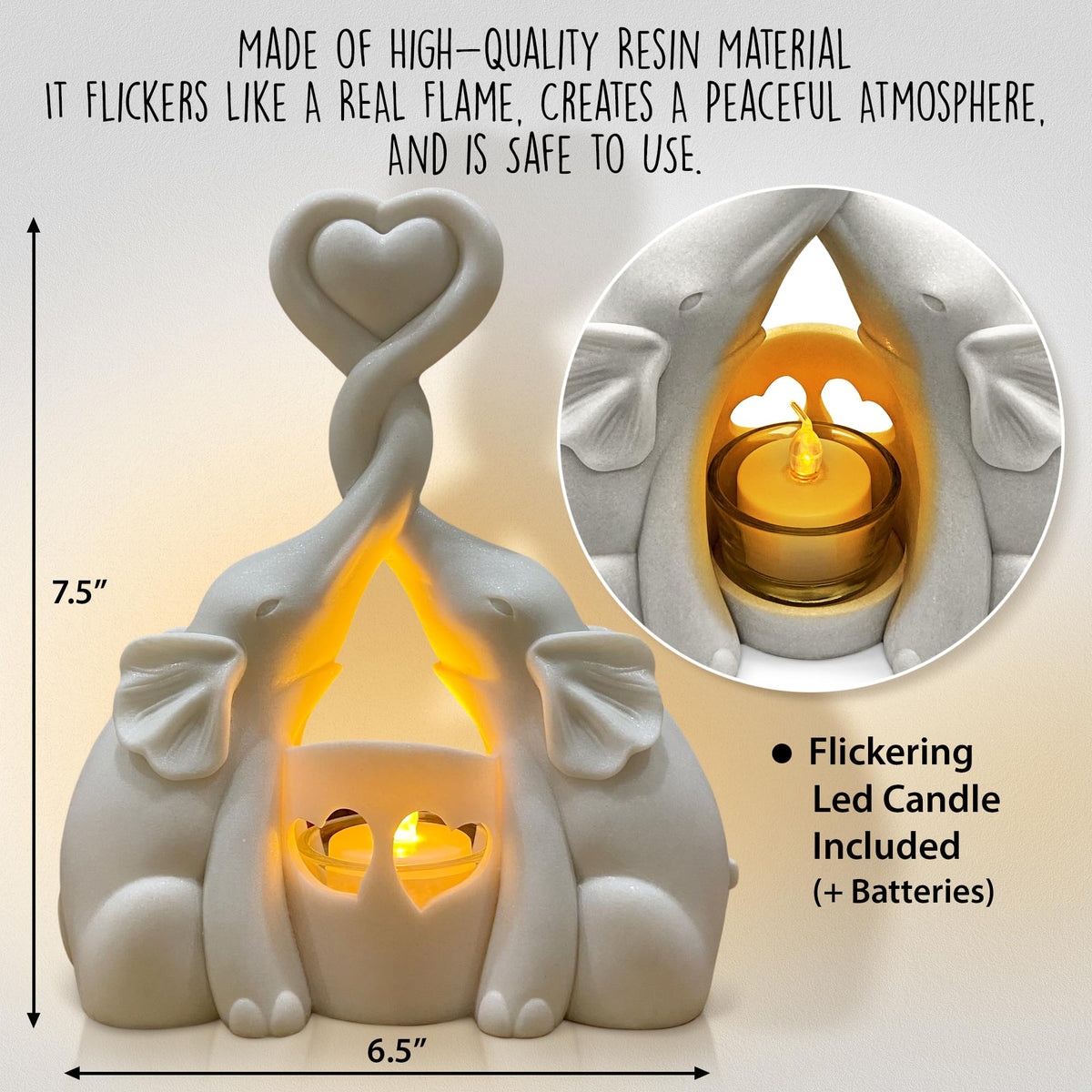 Elephant Love Candle Holder Statue - Elegant Gift Home Decor for Women Living Room or Bedroom - Flickering LED Candle Included - Ivory 14th Anniversary, Couples, Parents Valentine's Present