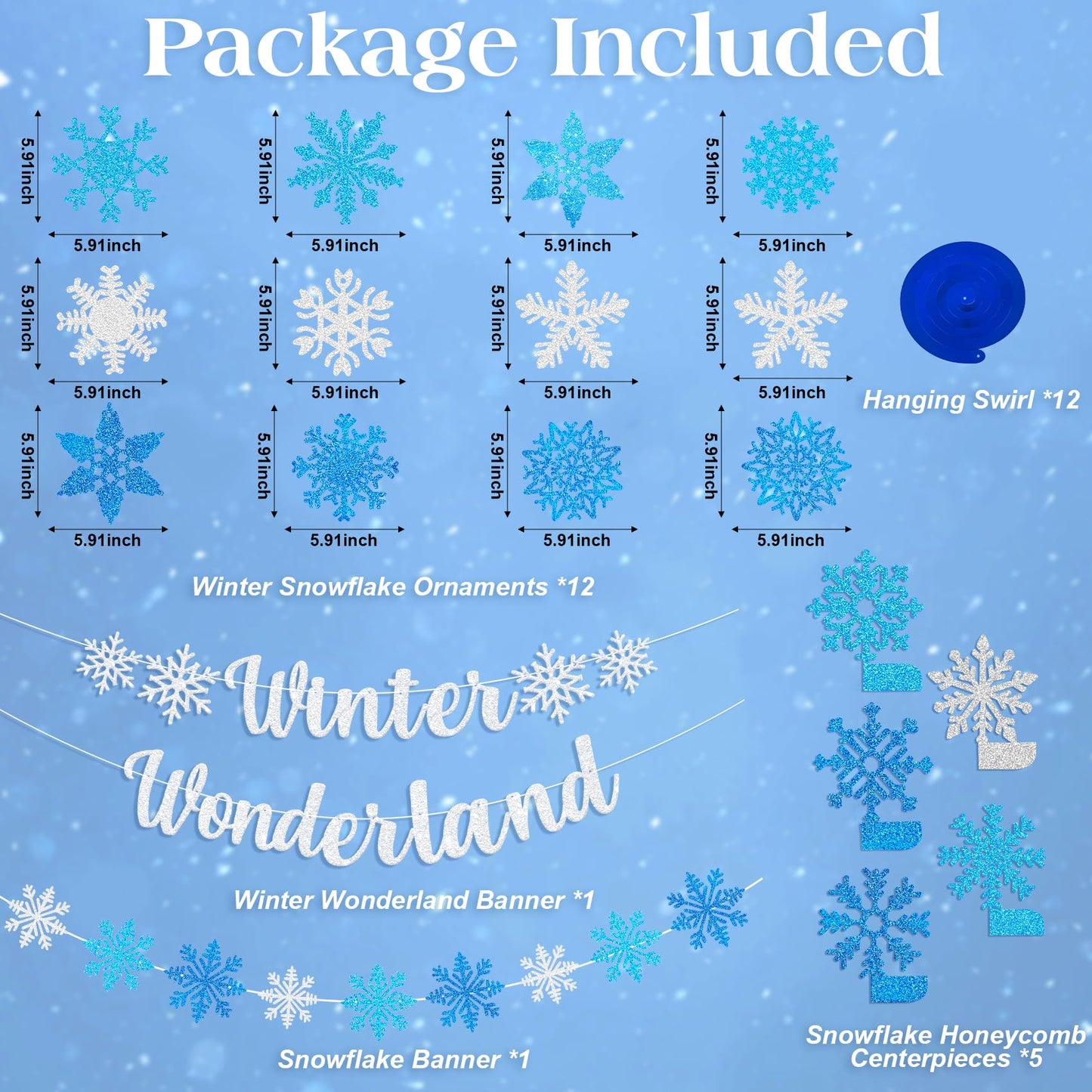 Ouddy Life 36 Pcs Winter Wonderland Christmas Decorations, Hanging Snowflake Swirls Ceiling Streamers, Glitter Paper Spiral Snowflakes Ornaments Banners Honeycomb for Xmas Frozen Party Birthday Decor