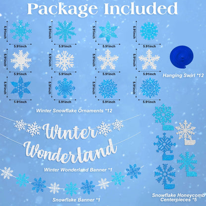 Ouddy Life 36 Pcs Winter Wonderland Christmas Decorations, Hanging Snowflake Swirls Ceiling Streamers, Glitter Paper Spiral Snowflakes Ornaments Banners Honeycomb for Xmas Frozen Party Birthday Decor