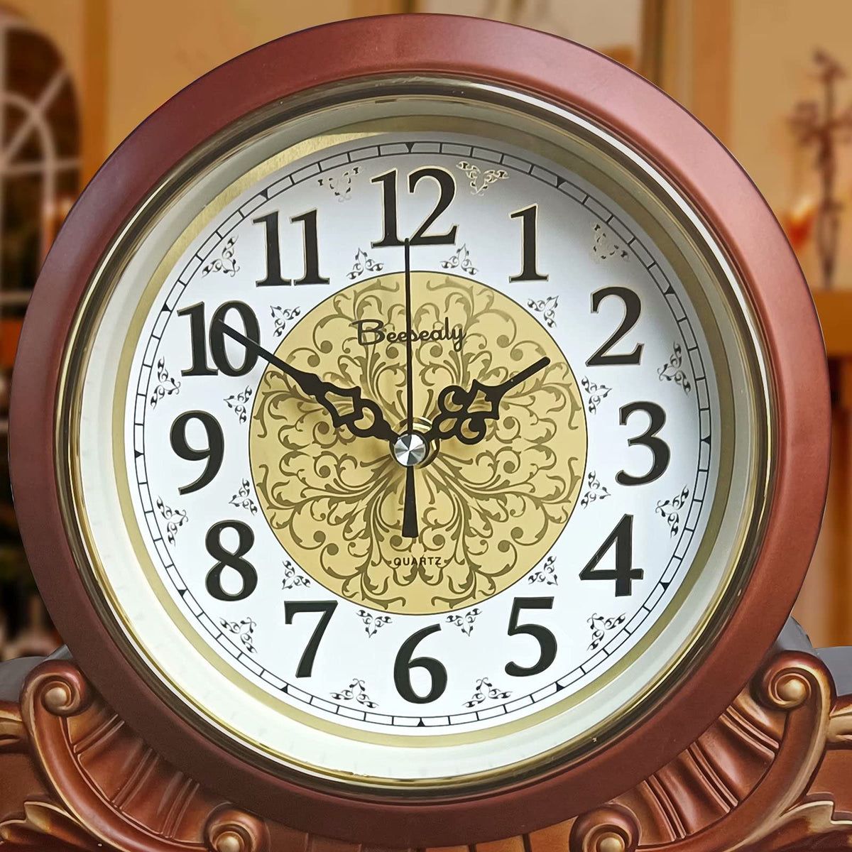 Beesealy Mantel Clock, Antique Desk Clock, Modern Quartz Movement-Continuous Scanning (Ultra-Quiet), Suitable for Mantel/Desktop, Living Room Decoration (Brown)