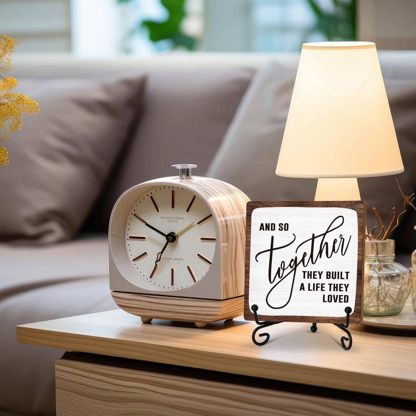 Home Desk Decor Sign, Rustic Wooden Sign With Stand, And So Together They Built A Life They Loved Sign For Farmhouse Home Living Room Bedroom Shelf Table, Coffee Lover Gifts For Family Friend