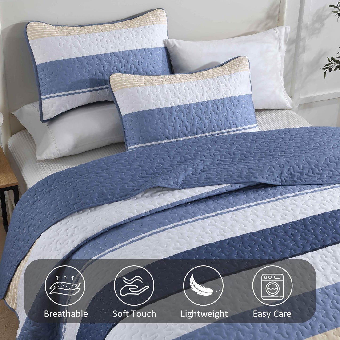 Dinjoy Blue Boho Quilt Set Queen Size, Fall Striped Bedspread Lightweight Farmhouse Bedding Sets 3 Pieces Micofiber Patchwork Coverlet with 2 Pillowcases for Men Bed