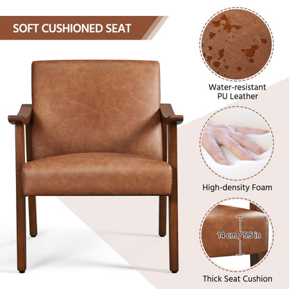 Yaheetech PU Leather Accent Chair, Mid-Century Modern Armchair with Solid Wood Legs, Reading Leisure Chair with High Back for Living Room Bedroom Waiting Room, Brown