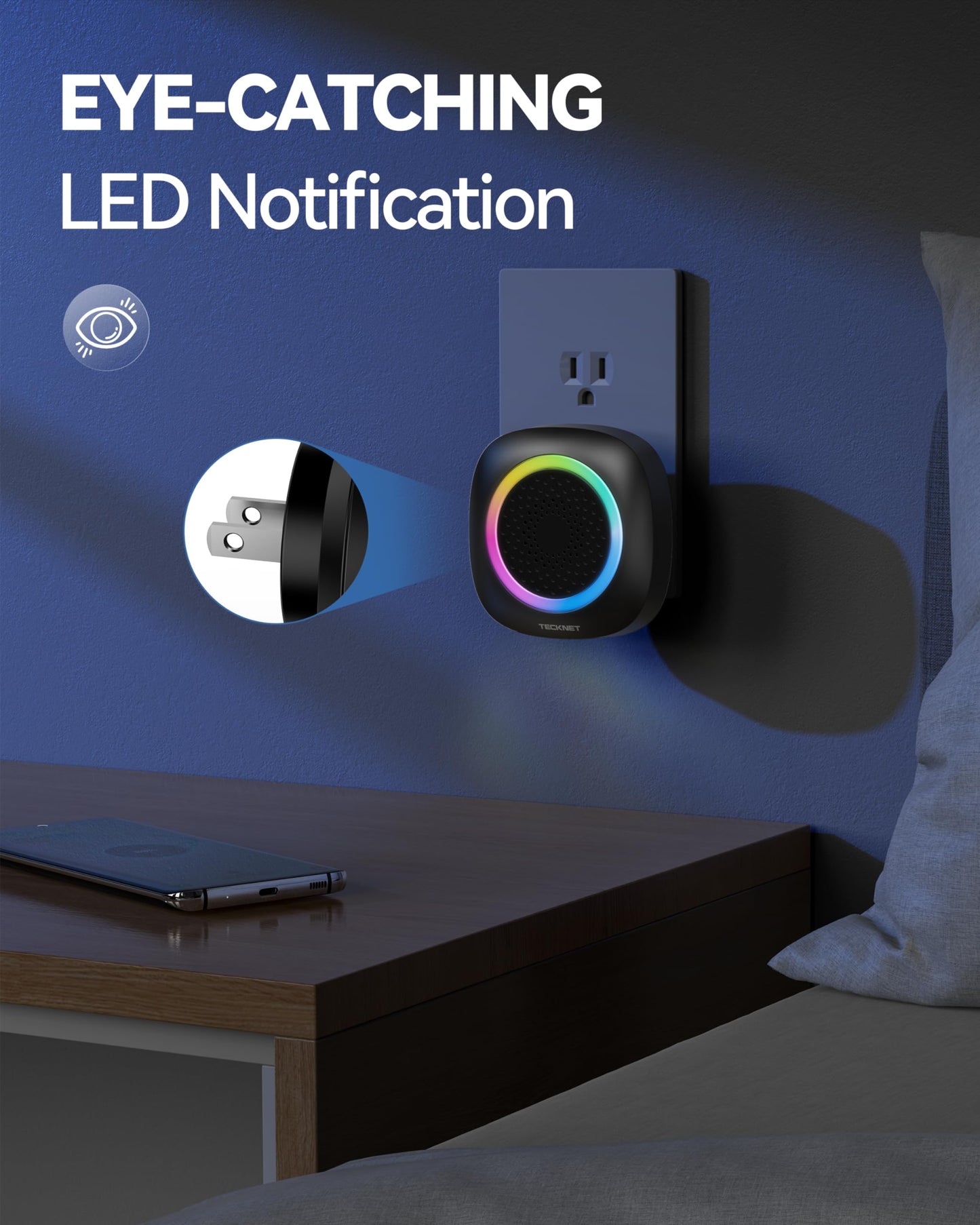 TECKNET Plug-in Wireless Doorbell with RGB Lighting & 1300 Feet Range,IP66 Waterproof Doorbell for Home/Classroom/Office/Business,60 Chimes,5-Level Volume,4.5-Year Battery Life(White)