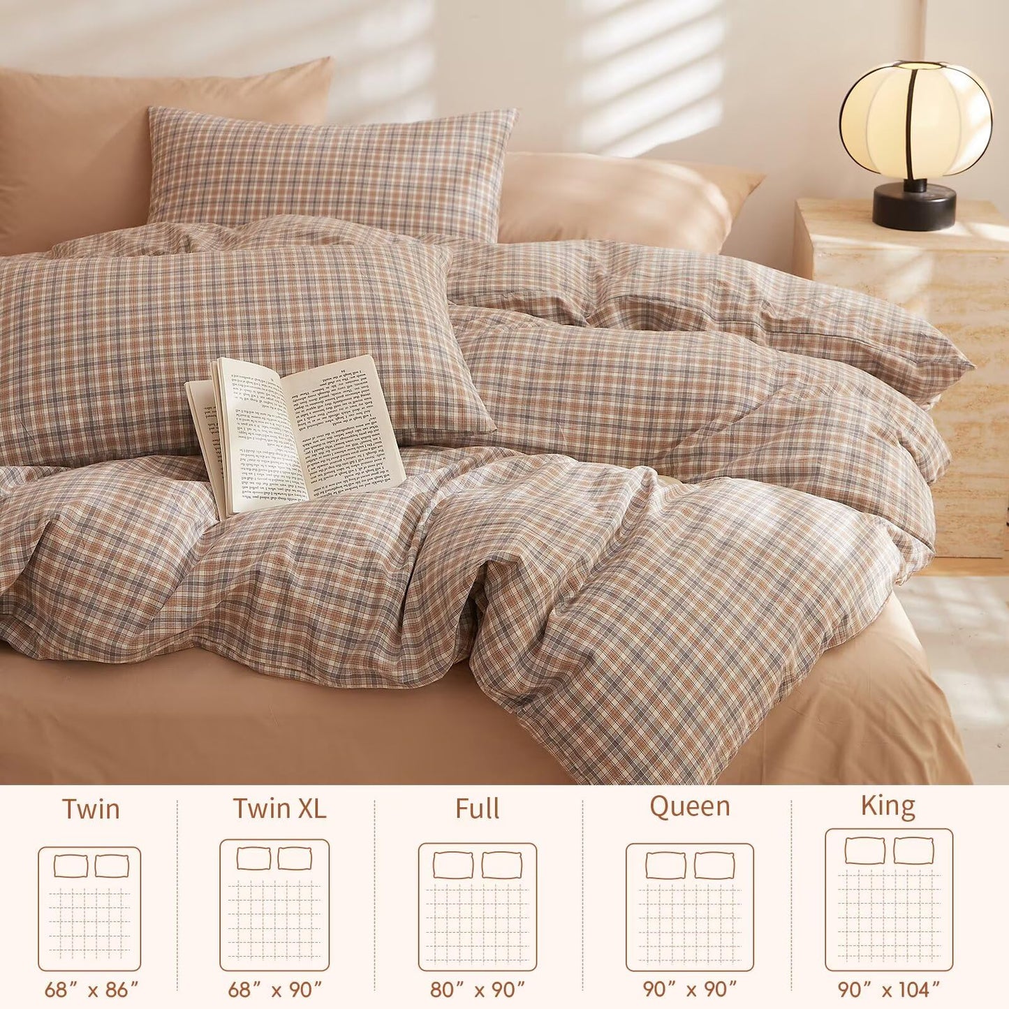 AMZTOP Plaid Queen Size Duvet Cover Set 100 Cotton,1 Duvet Cover and 2 Pillowcases,Soft Comfy Breathable Comforter Covers Bed Set,Washed Cotton Zipper Closure Queen Bedding 90"×90"