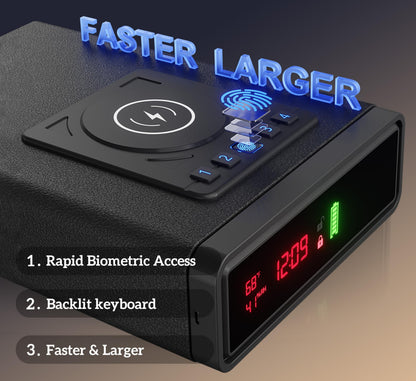 ORARAER Biometric Smart Gun Safe with Wireless Charging, 3 Quick Access Money Box with Fingerprint - Compact Bedside Drawer Safe, 24/7 Digital Clock handgun safe,Gifts for Men