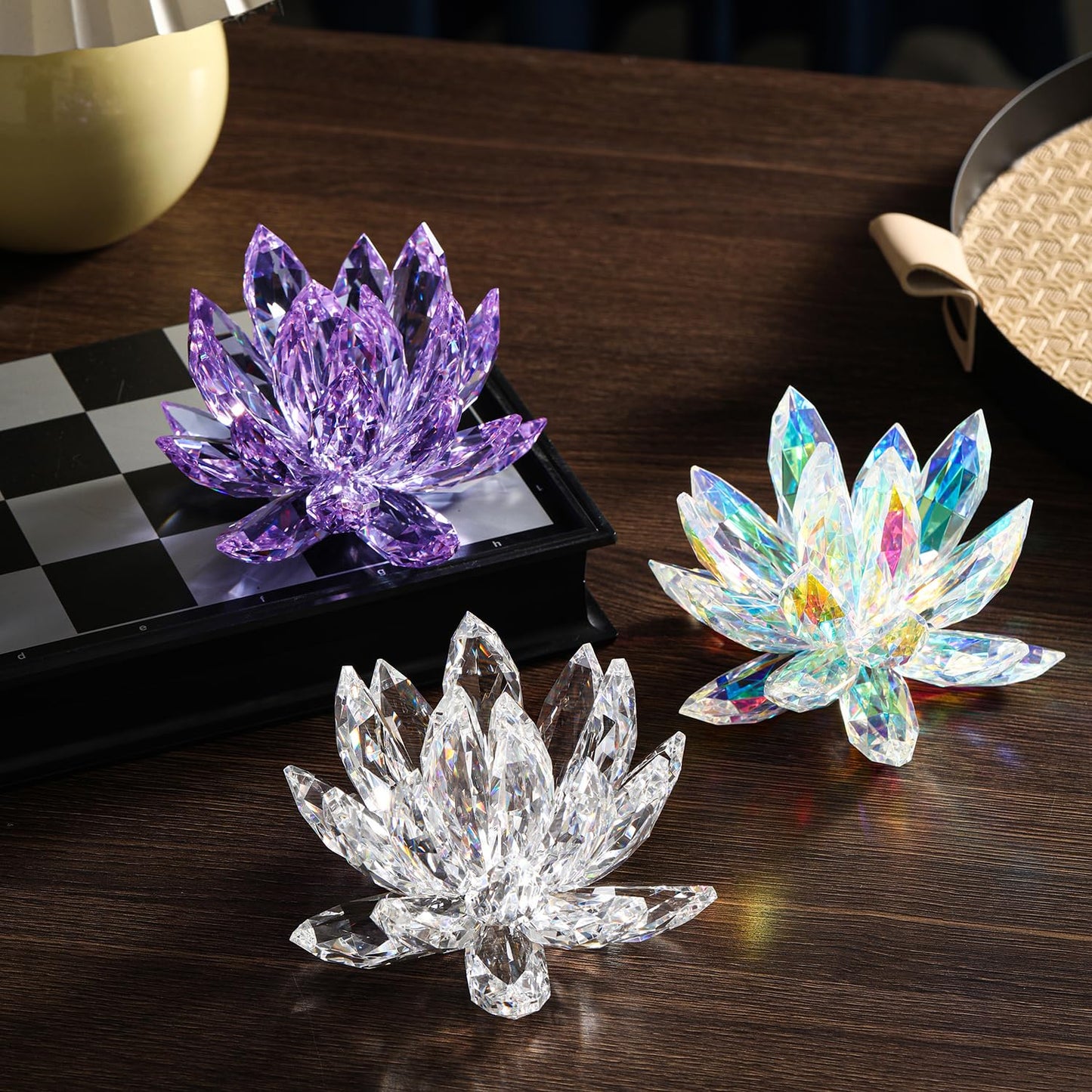 QNGCOLRCY Crystal Lotus Glass Figurine Yoga Buddhism Healing Meditations Lotus Flower Gift Table Car Home Decor (Colorful)