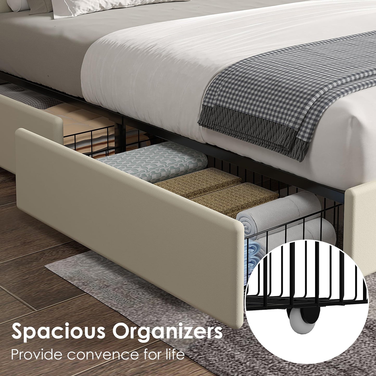 VECELO Full Size Upholstered Bed Frame with 4 Storage Drawers, Adjustable Velvet Rivet Decor Headboard, Wooden Slats Platform Support, No Box Spring Needed, Easy Assembly,Beige