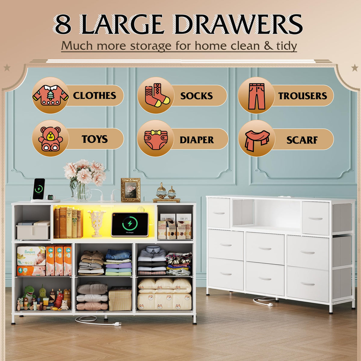 WLIVE White Dresser TV Stand for 45, 50, 55 inch TV, Entertainment Center with LED Lights & Charging Station, Chest of Drawers with 8 Fabric Drawers and Open Shelves for Living Room, Hallway, Wood Top