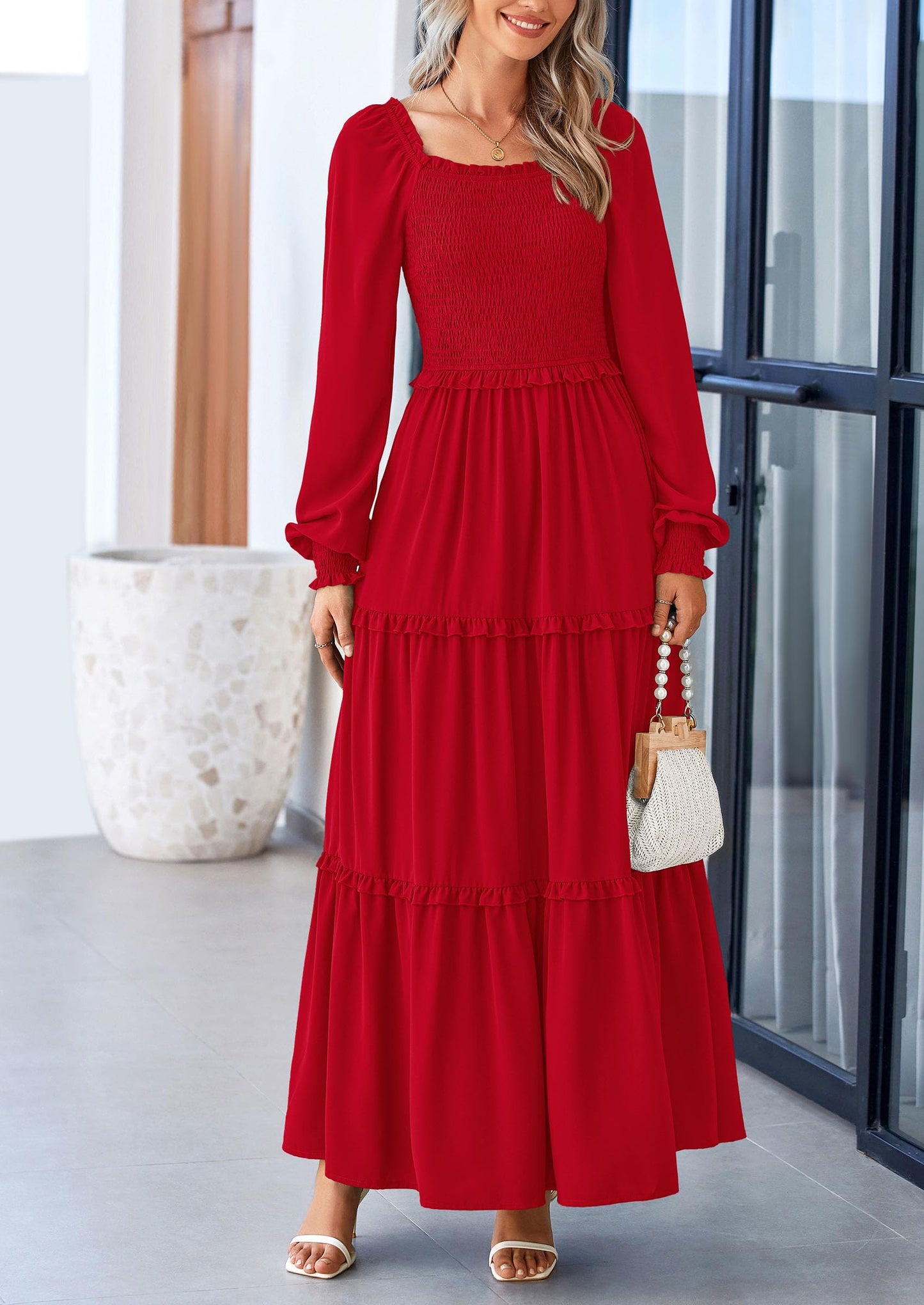 PRETTYGARDEN Fall Wedding Guest Dresses for Women 2025 Long Sleeve Square Neck Tiered A Line Modest Elegant Flowy Dresses (Red,Small)
