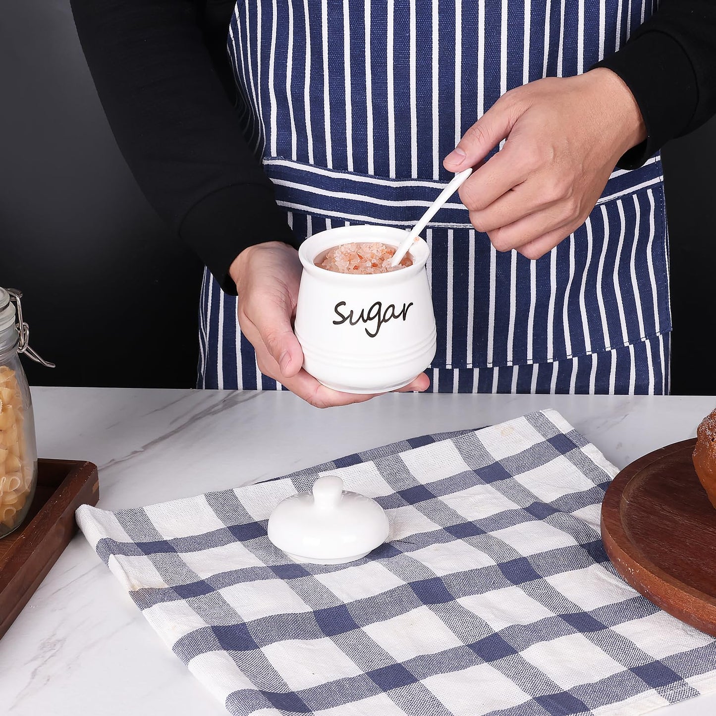 HAOTOP Ceramic Sugar Bowl with Lid and Spoon, 12oz Sugar Jar Sugar Dispenser Sugar Container Coffee Bar Accessories, Kitchen Countertop Canisters, White