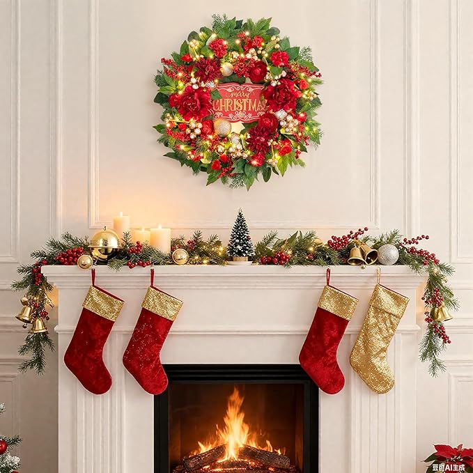 Christmas Wreaths for Front Door 24 Inch Christmas Wreath with Red Flowers, Berries, Gold Ornaments and LED Lights,Holiday Wreath for Indoor Outdoor Christmas Decorations