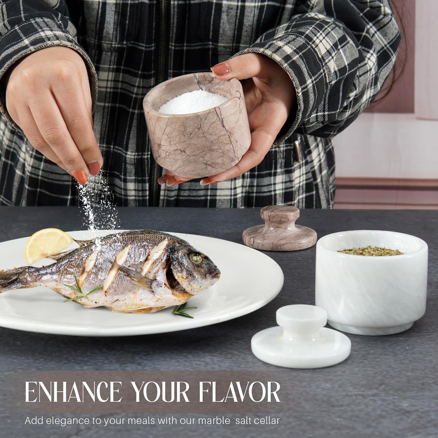 MARBLOUS KRAFTS Marble Salt Cellar with Lid 3" White and Marinara Salt, Pepper Bowls, Seasoning Containers Kitchen Storage, Perfect for Spice Jars
