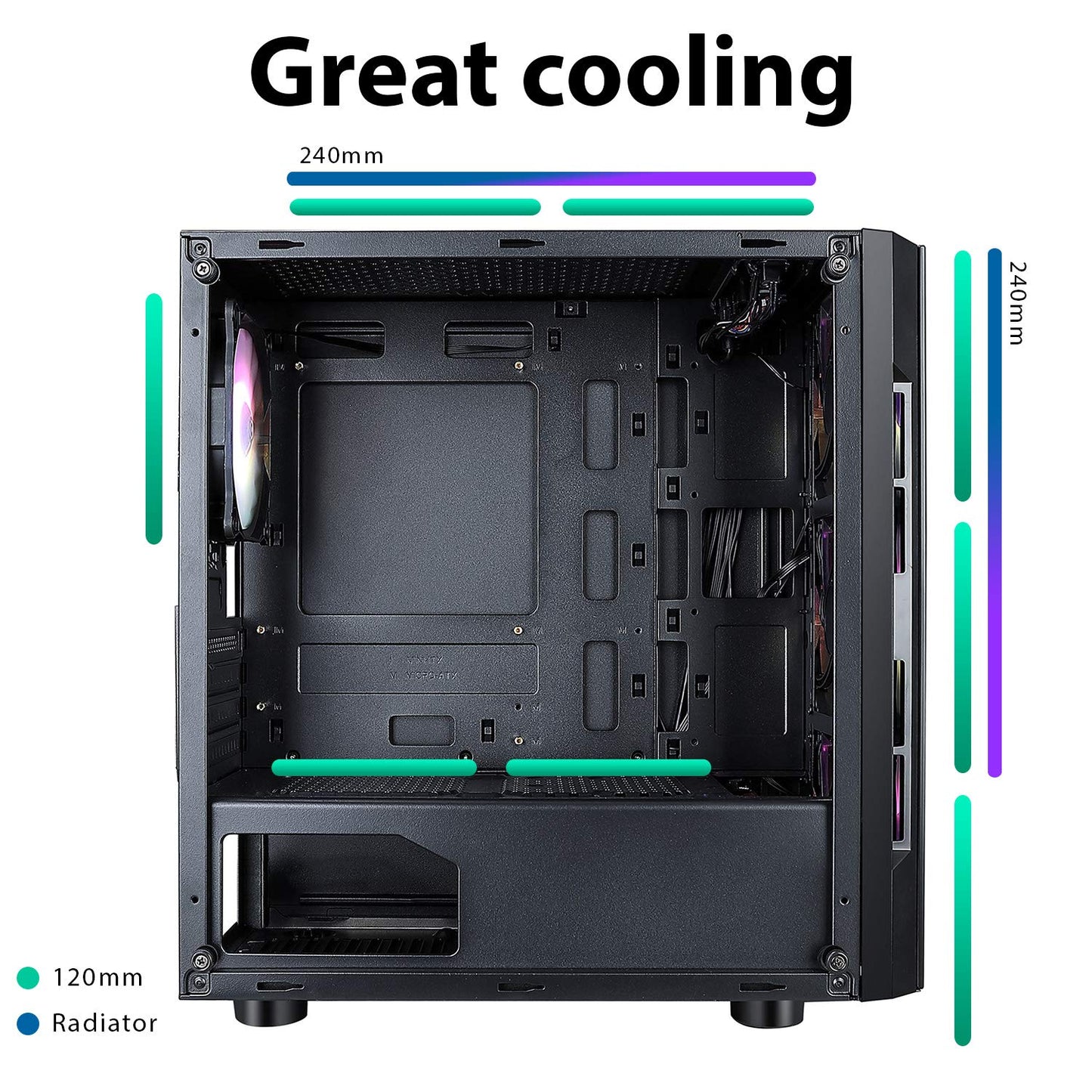 CiT Flash ARGB PC Gaming Case, Micro-ATX, 4 x 120mm ARGB Rainbow Fans Included, Tempered Glass, LED Button, 8 Fan Support, Water-Cooling Ready | Black