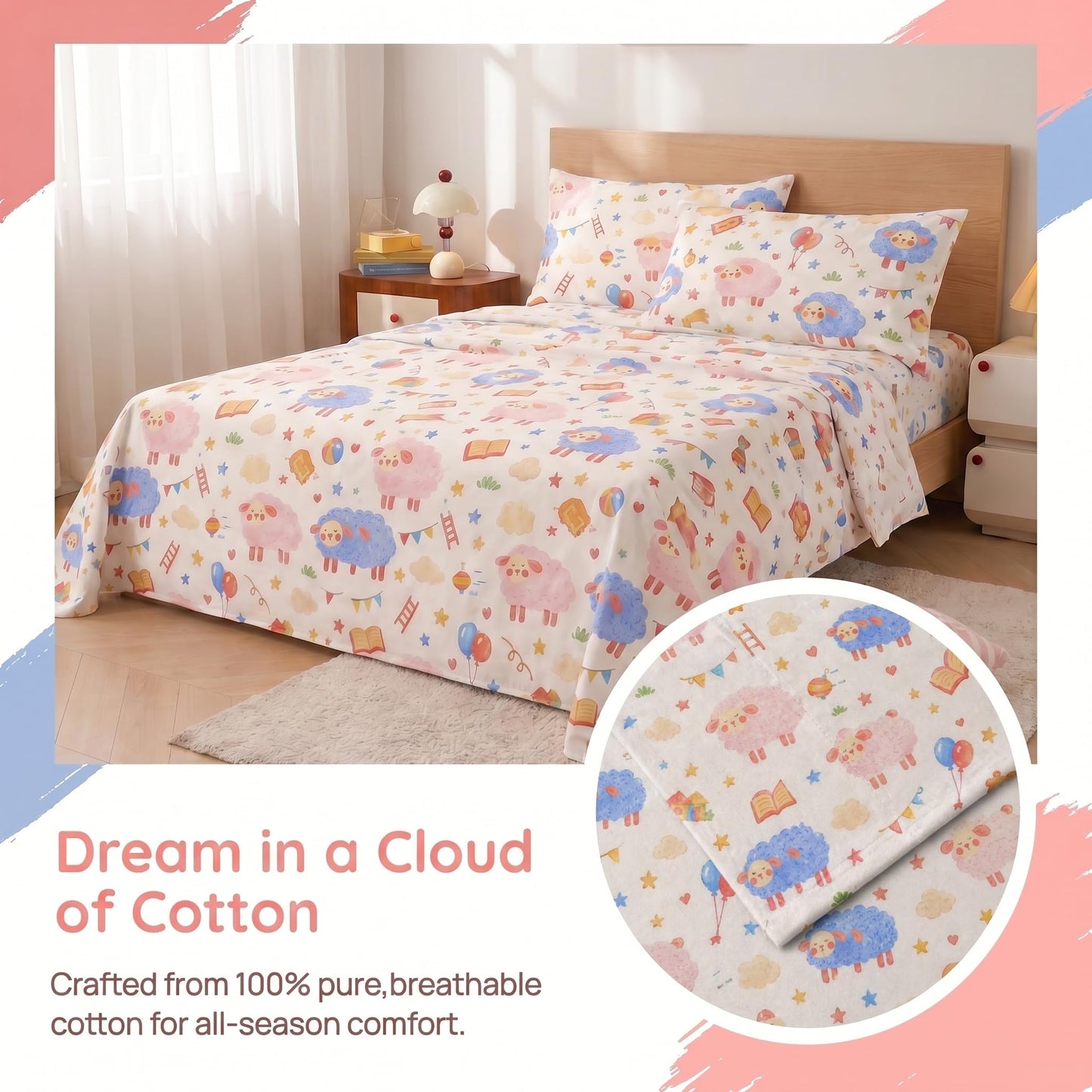 YIYEA 100% Cotton Kids Sheets, Ultra Soft Cozy Cute Bed Sheets Set for Girls, Boys, Teens, 16" Deep Pocket, 3PC, Twin