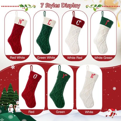 VRFASHION Christmas Stockings with Initials, Letter A Embroidered Xmas Stockings, 18" Large Monogram Knitted Xmas Stocking, Christmas Party Fireplace Family Hanging Stocking Decorations(1 Pack, Red)